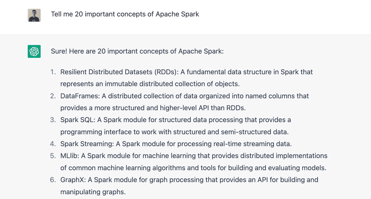 Ask ChatGPT about 20 important concepts of Apache Spark